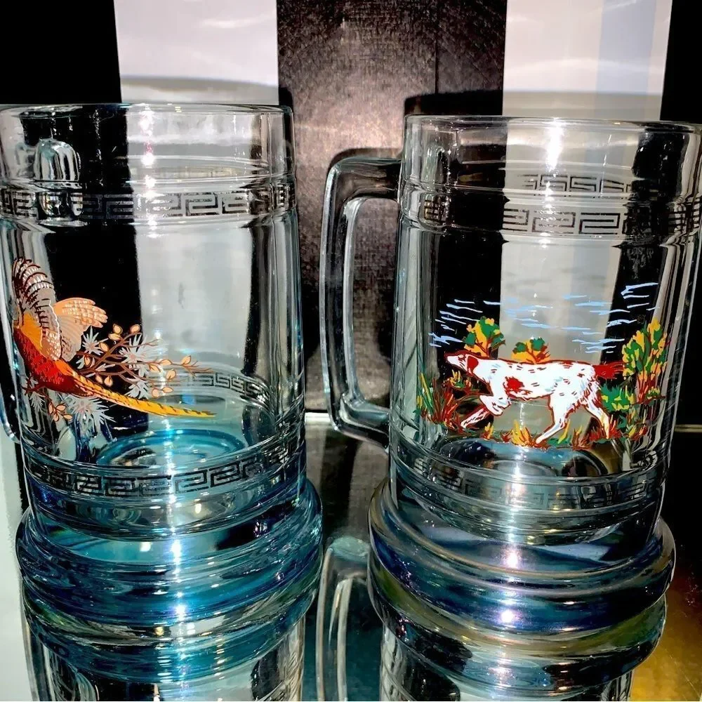 Vintage Pair of Hunting Vibe Clear Glass Beer Coffee Drink Mug With Handle